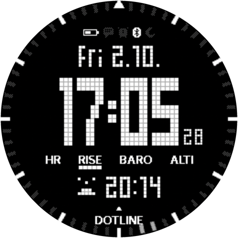 DOTLINE watch face: large dot-matrix 17:05 on a dark background
